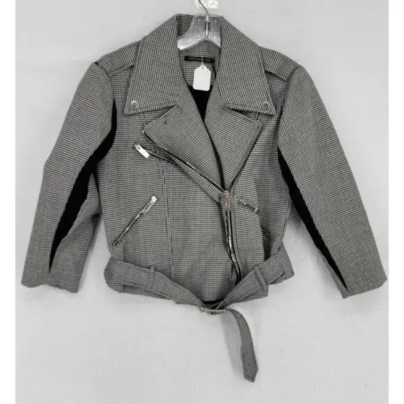 Christopher Kane Black White Houndstooth Wool Collared Moto Jacket Sz 8 NEW - Picture 1 of 8